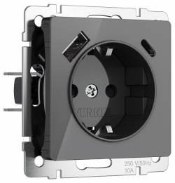 Розетка с заземлением и со шторками и 2хUSB, без рамки Werkel графит акрил W1171744 в интернет-магазине "Галерея света"