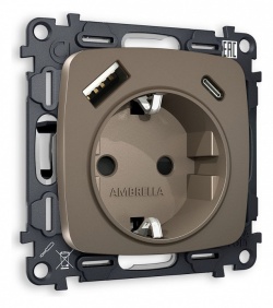 Розетка с заземлением и 2хUSB type A и C, без рамки Ambrella Volt OMEGA MO640010 в интернет-магазине "Галерея света"