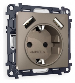 Розетка с заземлением и со шторкой и 2хUSB type A, без рамки Ambrella Volt ALFA MA639010 в интернет-магазине "Галерея света"