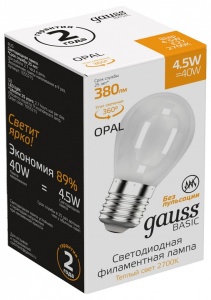 Лампа светодиодная Gauss Basic Filament E27 4.5Вт 2700K 1055215 в интернет-магазине "Галерея света"