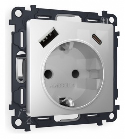 Розетка с заземлением и 2хUSB type A и C, без рамки Ambrella Volt ALFA MA410010 в интернет-магазине "Галерея света"