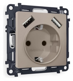 Розетка с заземлением и со шторкой и 2хUSB type A, без рамки Ambrella Volt ALFA MA369010 в интернет-магазине "Галерея света"