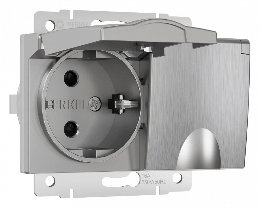 Розетка двойная влагозащищенная с заземлением и со шторками, без рамки с крышкой Werkel серебряный рифленый W1172209 в интернет-магазине "Галерея света"