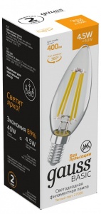 Лампа светодиодная Gauss Basic Filament E14 4.5Вт 2700K 1031115 в интернет-магазине "Галерея света"