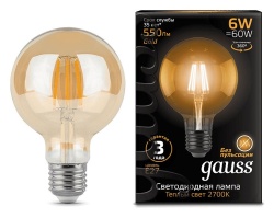 Лампа светодиодная Gauss LED Filament E27 6Вт 2400K 105802006 в интернет-магазине "Галерея света"