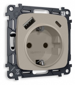 Розетка с заземлением и 2хUSB type A и C, без рамки Ambrella Volt OMEGA MO370010 в интернет-магазине "Галерея света"