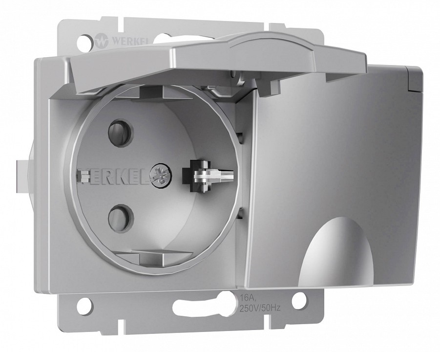 Розетка двойная влагозащищенная с заземлением и со шторками, без рамки с крышкой Werkel серебряные W1172206 в интернет-магазине "Галерея света"