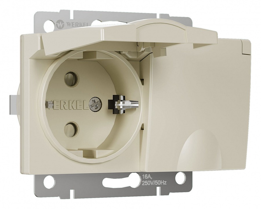 Розетка двойная влагозащищенная с заземлением и со шторками, без рамки с крышкой Werkel слоновая кость W1172203 в интернет-магазине "Галерея света"