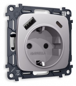 Розетка с заземлением и 2хUSB type A и C, без рамки Ambrella Volt OMEGA MO510010 в интернет-магазине "Галерея света"