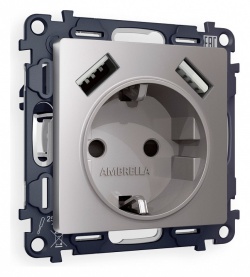 Розетка с заземлением и со шторкой и 2хUSB type A, без рамки Ambrella Volt ALFA MA509010 в интернет-магазине "Галерея света"