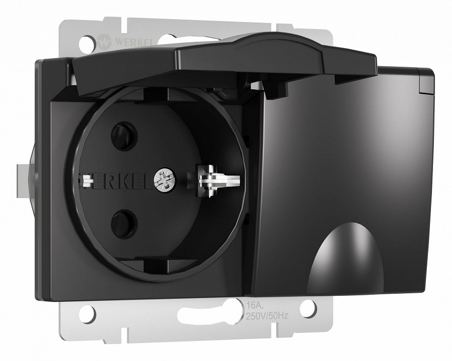 Розетка двойная влагозащищенная с заземлением и со шторками, без рамки с крышкой Werkel черный матовый W1172208 в интернет-магазине "Галерея света"