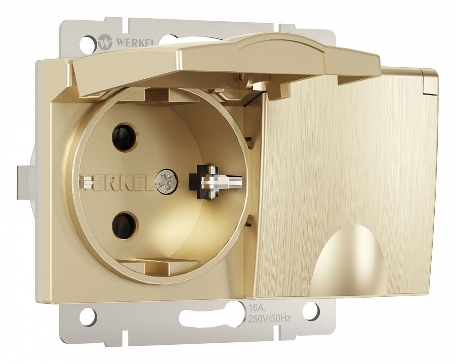 Розетка двойная влагозащищенная с заземлением и со шторками, без рамки с крышкой Werkel шампань рифленый W1172210 в интернет-магазине "Галерея света"