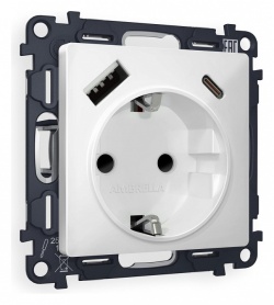 Розетка с заземлением и 2хUSB type A и C, без рамки Ambrella Volt ALFA MA130010 в интернет-магазине "Галерея света"