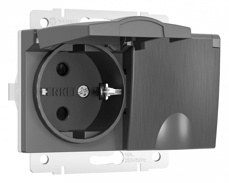 Розетка двойная влагозащищенная с заземлением и со шторками, без рамки с крышкой Werkel графит рифленый W1172204 в интернет-магазине "Галерея света"