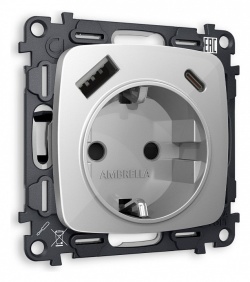 Розетка с заземлением и 2хUSB type A и C, без рамки Ambrella Volt OMEGA MO410010 в интернет-магазине "Галерея света"