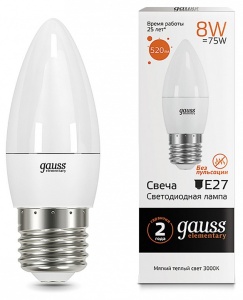 Лампа светодиодная Gauss LED Elementary Candle E27 8Вт 3000K 33218 в интернет-магазине "Галерея света"