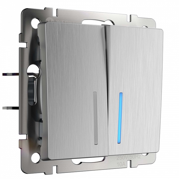 Выключатель двухклавишный с подсветкой без рамки Werkel cеребряный рифленый W1120109 в интернет-магазине "Галерея света"