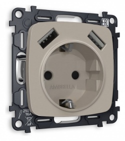 Розетка с заземлением и 2хUSB type A, без рамки Ambrella Volt OMEGA MO369010 в интернет-магазине "Галерея света"