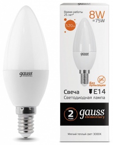 Лампа светодиодная Gauss LED Elementary Candle E14 8Вт 3000K 33118 в интернет-магазине "Галерея света"