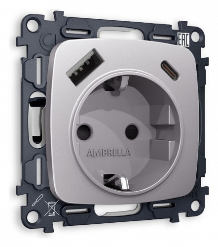 Розетка с заземлением и 2хUSB type A и C, без рамки Ambrella Volt OMEGA MO510010 в Нижнем Новгороде