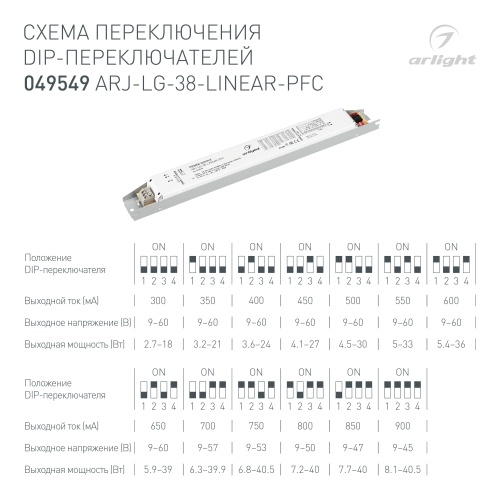 Блок питания ARJ-LG-38-LINEAR-PFC (38W, 9-60V, 0.3-0.9A) (Arlight, IP20 Металл, 5 лет) в Воронеже фото 2