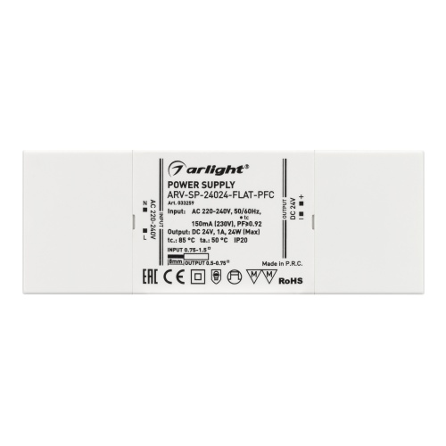 Блок питания ARV-SP-24024-FLAT-PFC (24V, 1A, 24W) (Arlight, IP20 Пластик, 5 лет) в Белово фото 3