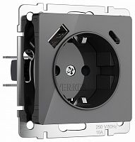Розетка с заземлением и со шторками и 2хUSB, без рамки Werkel графит акрил W1171744 в Нижнем Новгороде