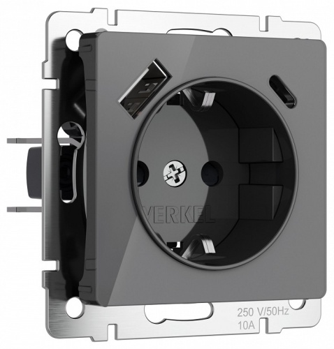 Розетка с заземлением и со шторками и 2хUSB, без рамки Werkel графит акрил W1171744 в Нижнем Новгороде