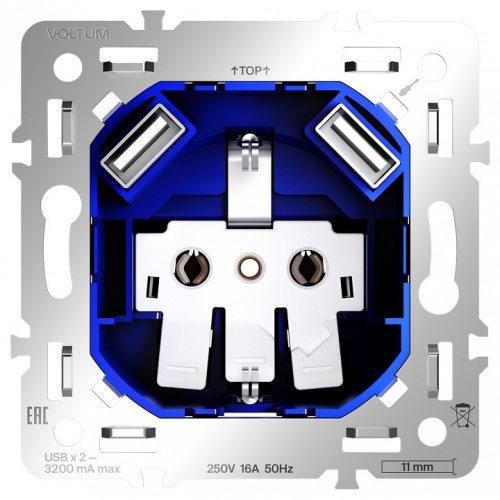 Механизм розетки с заземлением и со шторками и 2хUSB type A Voltum S70 VLS0404M в Нижнем Новгороде