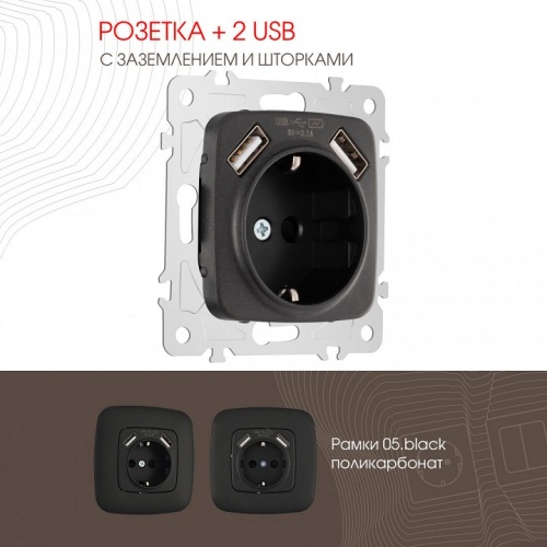 Розетка с заземлением и со шторкой и 2хUSB, без рамки Arte Milano am-205 205.47-1.black в Нижнем Новгороде фото 4