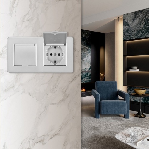 Розетка с заземлением и шторкой, с крышкой Arte Milano SET16-2 SET16-2-41-1x2 silver в Нижнем Новгороде фото 2