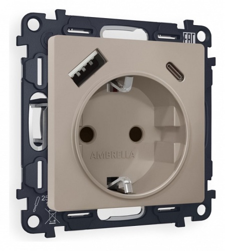Розетка с заземлением и 2хUSB type A и C, без рамки Ambrella Volt ALFA MA370010 в Нижнем Новгороде