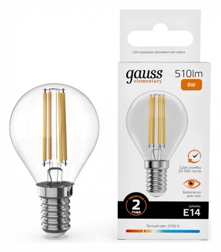 Лампа светодиодная Gauss Filament Elementary E14 8Вт 2700K 52118 в Нижнем Новгороде