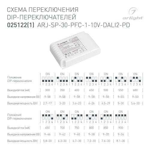 Блок питания ARJ-SP-30-PFC-1-10V-DALI2-PD (30W, 300-900mA) (Arlight, IP20 Пластик, 5 лет) в Нижнем Новгороде фото 2