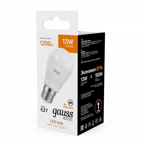 Лампа светодиодная Gauss Basic E27 13Вт 3000K 10502132 в Нижнем Новгороде фото 3