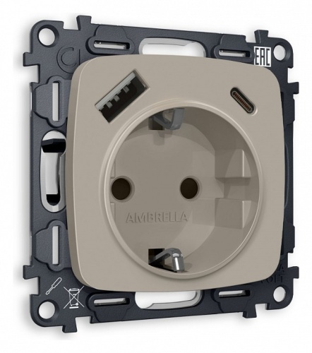 Розетка с заземлением и 2хUSB type A и C, без рамки Ambrella Volt OMEGA MO370010 в Нижнем Новгороде
