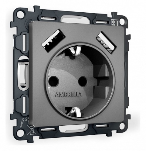 Розетка с заземлением и со шторкой и 2хUSB type A, без рамки Ambrella Volt ALFA MA659010 в Нижнем Новгороде