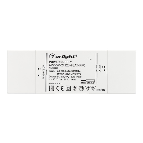 Блок питания ARV-SP-24120-FLAT-PFC (24V, 5A, 120W) (Arlight, IP20 Пластик, 5 лет) в Похвистнево фото 4