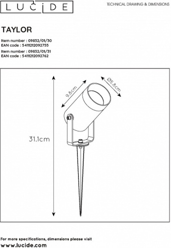 Наземный низкий светильник Lucide Taylor 09832/01/30 в Кораблино фото 7