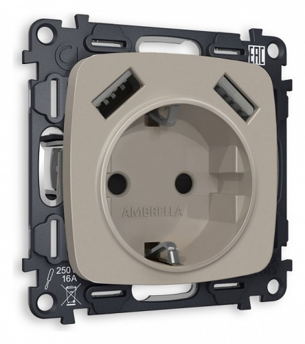 Розетка с заземлением и 2хUSB type A, без рамки Ambrella Volt OMEGA MO369010 в Нижнем Новгороде