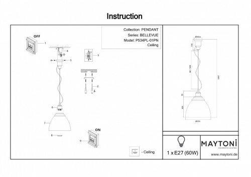 Подвесной светильник Maytoni Bellevue P534PL-01B в Нижнем Новгороде фото 3