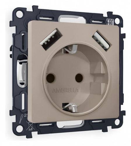 Розетка с заземлением и со шторкой и 2хUSB type A, без рамки Ambrella Volt ALFA MA369010 в Нижнем Новгороде