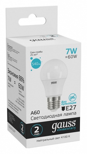 Лампа светодиодная Gauss Led Elementary A60 E27 7Вт 4100K 23227A в Нижнем Новгороде фото 6