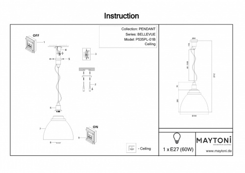 Подвесной светильник Maytoni Bellevue P535PL-01B в Гаджиево фото 4