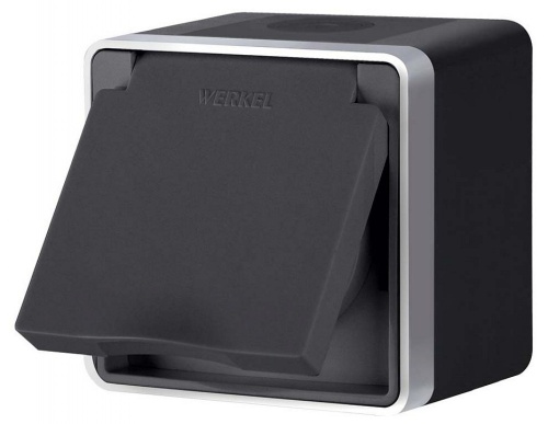 Розетка влагозащищенная с заземлением и со шторкой с крышкой Werkel Gallant (черный с серебром) W5071234 в Нижнем Новгороде