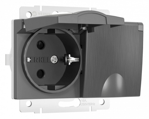 Розетка двойная влагозащищенная с заземлением и со шторками, без рамки с крышкой Werkel графит рифленый W1172204 в Нижнем Новгороде