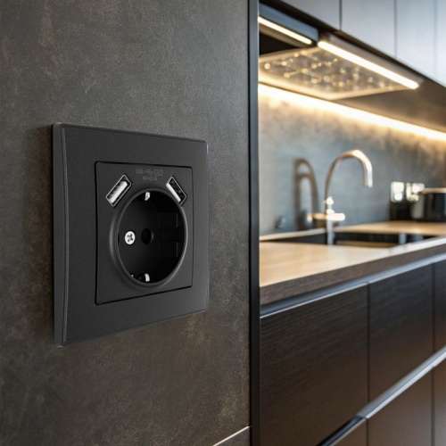 Розетка с заземлением и со шторкой и 2хUSB Arte Milano SET06-1 SET06-1-47-1 black в Нижнем Новгороде фото 2