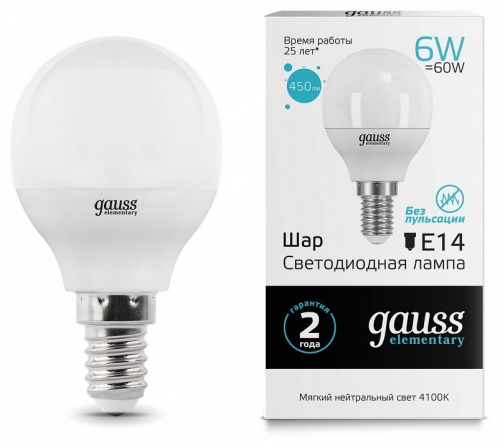 Лампа светодиодная Gauss LED Elementary Globe E14 6Вт 4100K 53126 в Нижнем Новгороде